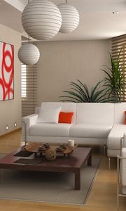Preview wallpaper white, couch, interior, house, carpet, room, red chair, stairs, furniture, pillows, candle, table, background