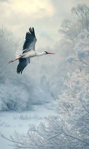 Preview wallpaper white stork, stork, bird, snow, winter, trees