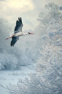 Preview wallpaper white stork, stork, bird, snow, winter, trees