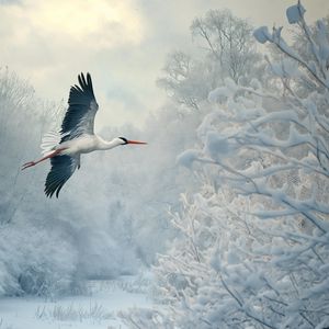 Preview wallpaper white stork, stork, bird, snow, winter, trees