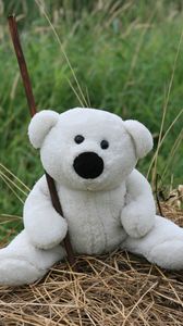 Preview wallpaper white, toy, teddy bear, mood, walk, hay, grass