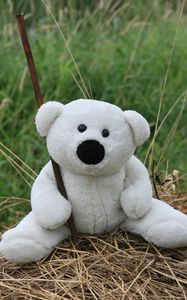 Preview wallpaper white, toy, teddy bear, mood, walk, hay, grass