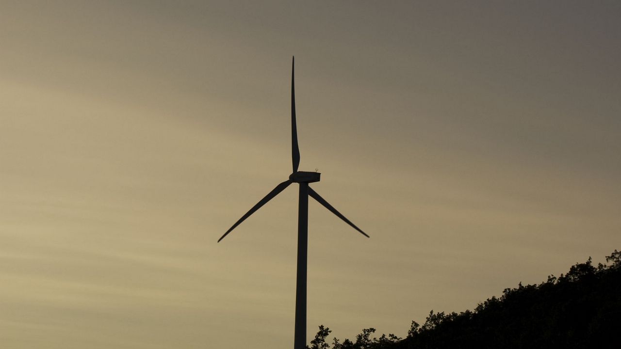 Wallpaper wind farm, turbine, silhouette, slope, twilight, dark