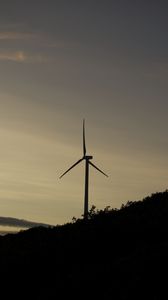 Preview wallpaper wind farm, turbine, silhouette, slope, twilight, dark