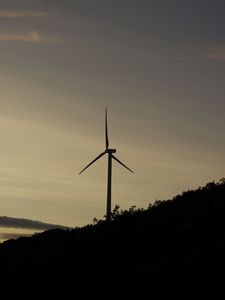 Preview wallpaper wind farm, turbine, silhouette, slope, twilight, dark