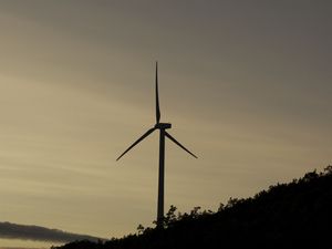 Preview wallpaper wind farm, turbine, silhouette, slope, twilight, dark