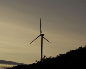 Preview wallpaper wind farm, turbine, silhouette, slope, twilight, dark