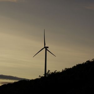 Preview wallpaper wind farm, turbine, silhouette, slope, twilight, dark