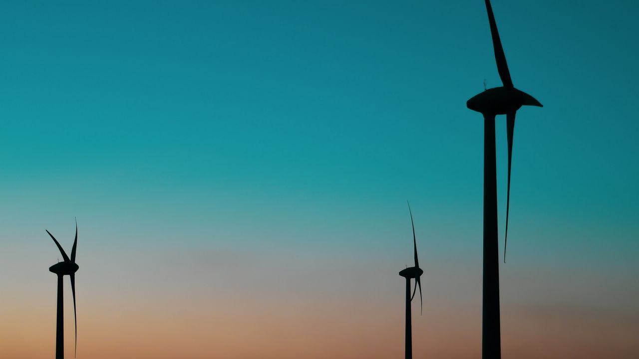 Wallpaper wind farm, turbines, blades, dark, twilight, poles