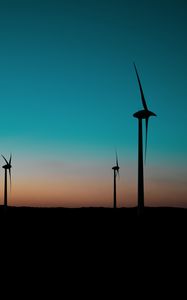 Preview wallpaper wind farm, turbines, blades, dark, twilight, poles