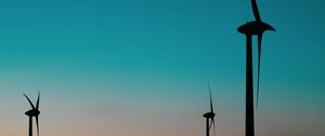 Preview wallpaper wind farm, turbines, blades, dark, twilight, poles