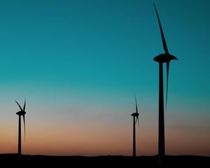 Preview wallpaper wind farm, turbines, blades, dark, twilight, poles