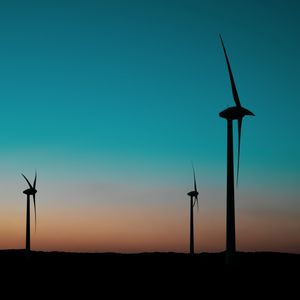 Preview wallpaper wind farm, turbines, blades, dark, twilight, poles