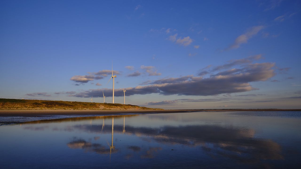 Wallpaper wind farm, turbines, lake, shore, nature