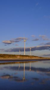 Preview wallpaper wind farm, turbines, lake, shore, nature