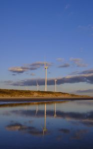 Preview wallpaper wind farm, turbines, lake, shore, nature