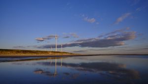 Preview wallpaper wind farm, turbines, lake, shore, nature