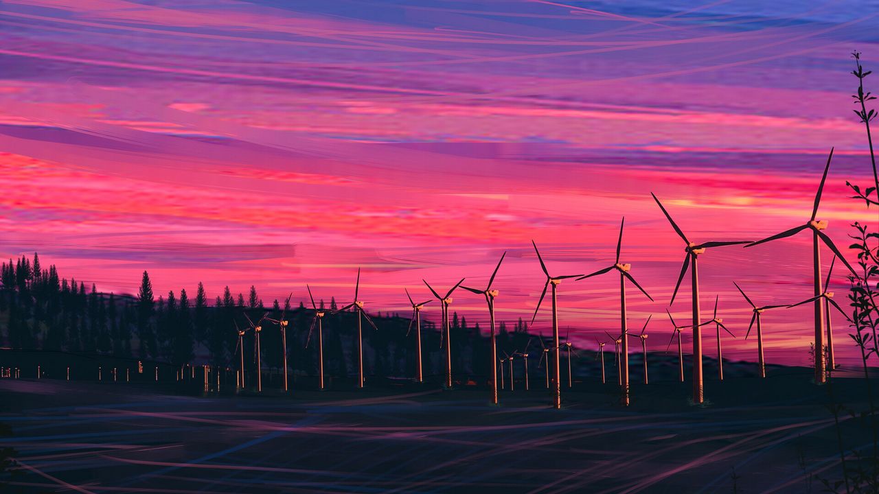 Wallpaper wind farm, turbines, night, starry sky, art