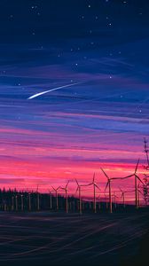 Preview wallpaper wind farm, turbines, night, starry sky, art