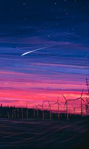 Preview wallpaper wind farm, turbines, night, starry sky, art