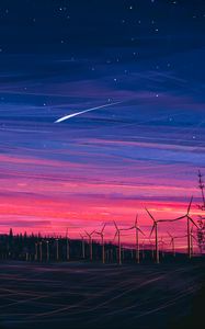 Preview wallpaper wind farm, turbines, night, starry sky, art