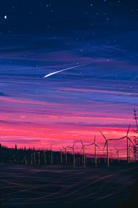 Preview wallpaper wind farm, turbines, night, starry sky, art