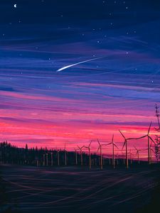 Preview wallpaper wind farm, turbines, night, starry sky, art