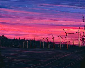 Preview wallpaper wind farm, turbines, night, starry sky, art