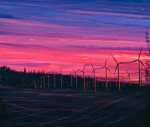 Preview wallpaper wind farm, turbines, night, starry sky, art