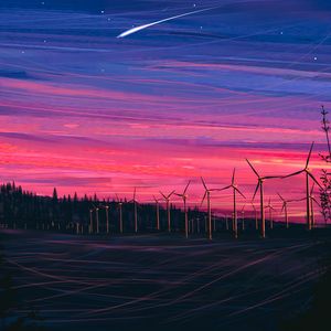 Preview wallpaper wind farm, turbines, night, starry sky, art