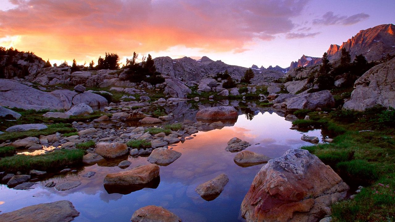 Wallpaper wind river range, wyoming, stones, river, mountains, evening, sky, grass