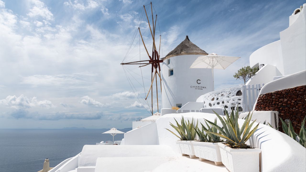 Wallpaper wind tower, santorini, greece, white