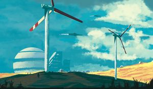 Preview wallpaper wind turbine, building, sky, art