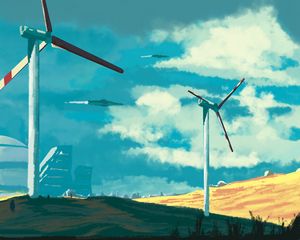 Preview wallpaper wind turbine, building, sky, art