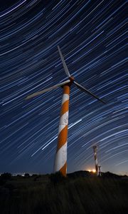 Preview wallpaper wind turbine, structure, starry sky, long exposure, glow, night