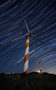 Preview wallpaper wind turbine, structure, starry sky, long exposure, glow, night