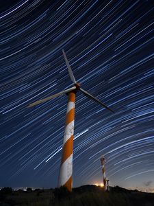 Preview wallpaper wind turbine, structure, starry sky, long exposure, glow, night