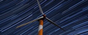 Preview wallpaper wind turbine, structure, starry sky, long exposure, glow, night