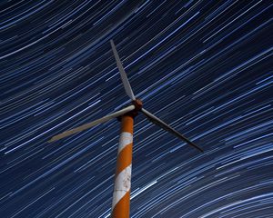 Preview wallpaper wind turbine, structure, starry sky, long exposure, glow, night