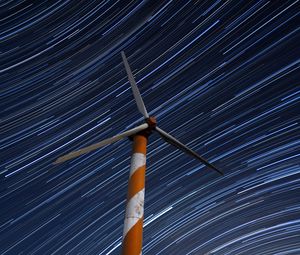 Preview wallpaper wind turbine, structure, starry sky, long exposure, glow, night