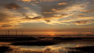 Preview wallpaper wind-driven generators, decline, sea, coast, evening, pools