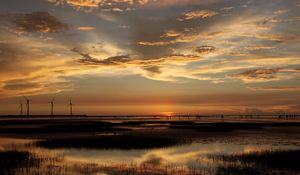 Preview wallpaper wind-driven generators, decline, sea, coast, evening, pools