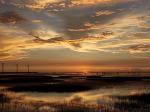 Preview wallpaper wind-driven generators, decline, sea, coast, evening, pools