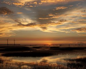 Preview wallpaper wind-driven generators, decline, sea, coast, evening, pools