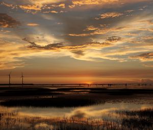 Preview wallpaper wind-driven generators, decline, sea, coast, evening, pools