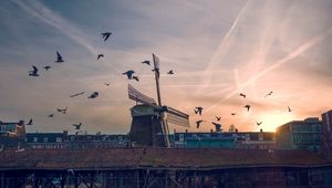 Preview wallpaper windmill, birds, buildings, sky