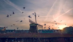 Preview wallpaper windmill, birds, buildings, sky