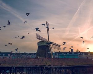 Preview wallpaper windmill, birds, buildings, sky