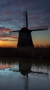 Preview wallpaper windmill, dark, dusk, river, nature