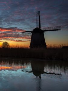 Preview wallpaper windmill, dark, dusk, river, nature